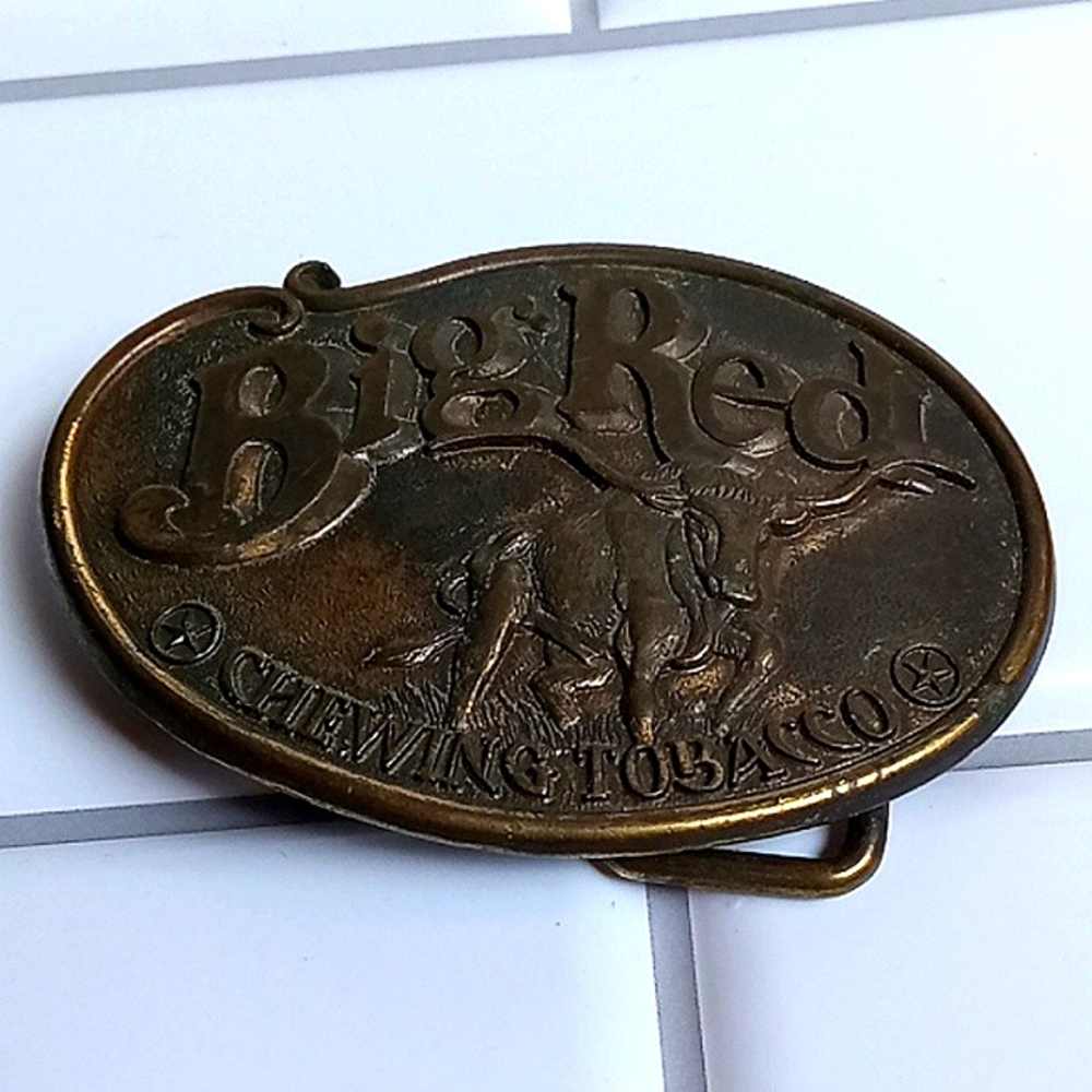 Big Red Chewing Tobacco Longhorn Bull Steer Brass Belt Buckle